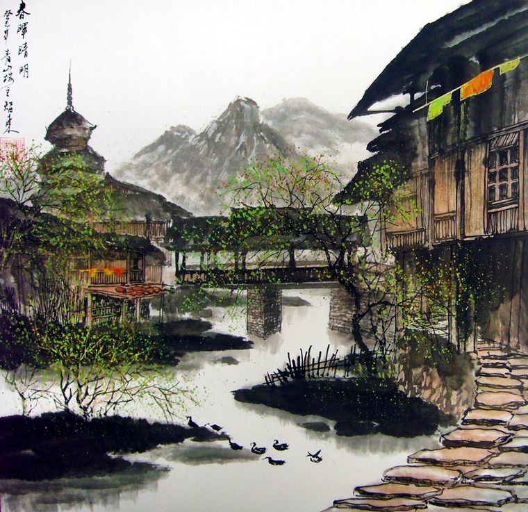 斗方乡村山水画